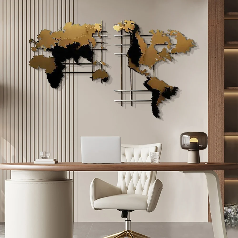 Modern 3D Altın ve Siyah Metal Dünya Haritası